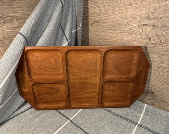 Vintage Mid Century Large Oblong Teak Wooden 5-Section Serving Tray | MCM Partitioned Divided Nibble & Snack Server | 1960s Retro Home Decor