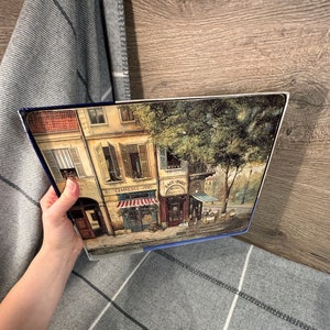 Preloved 2007 Pimpernel Parijse scènes - zeer versleten -rechthoekige placemats- set van 5 | Fabrice de Villeneuve Paris Café | Franse woondecoratie