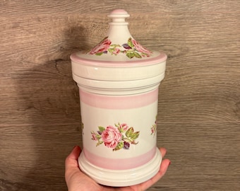 Vintage Portmeirion Pottery Stoke on Trent Made in England 1008 pot d'apothicaire rond lourd rose Rose avec couvercle | Rangement anglais de collection ancien