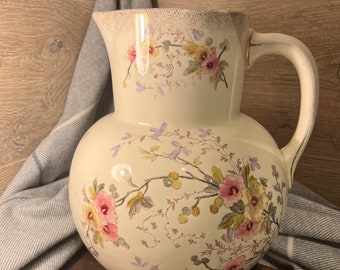 Antique Dated Circa 1870 - 1920 Large Floral Franz Anton Mehlem Porcelain Jug Vase Pitcher
