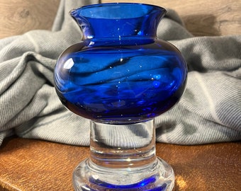 Vintage Sea Of Sweden Bjorn Ramel Cobalt Blue and Clear Glass Heavy Footed Candle Holder