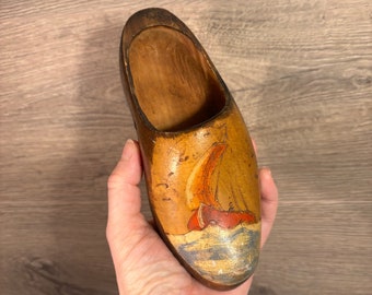 Vintage Hand Crafted & Painted Small Lightweight Dutch Wooden Klomp Shoe with Ship Sailing Boat Motif Wall Hanging | Old Nautical Home Decor