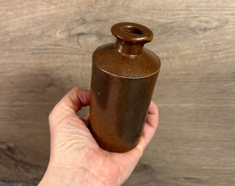 Vintage Collectible Antique Lovatt Langley Mill Notts Pottery Brown Salt Glazed Stoneware Ink Bottle with Pouring Spout | Office Study Decor