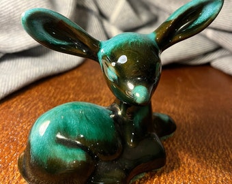 Vintage Blue Mountain Pottery Glossy Baby Deer 'Bambi' Figurine in 1970s Green Flow Glaze