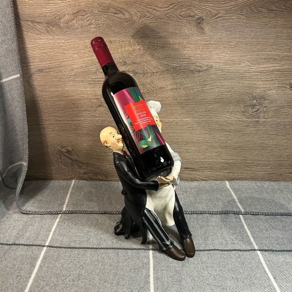 Vintage Chef & Waiter Butler Fun Comical Wine Bottle Holder Resin Sculpture Figurine | Barware Countertop Display | Wine Sommelier Art Stand