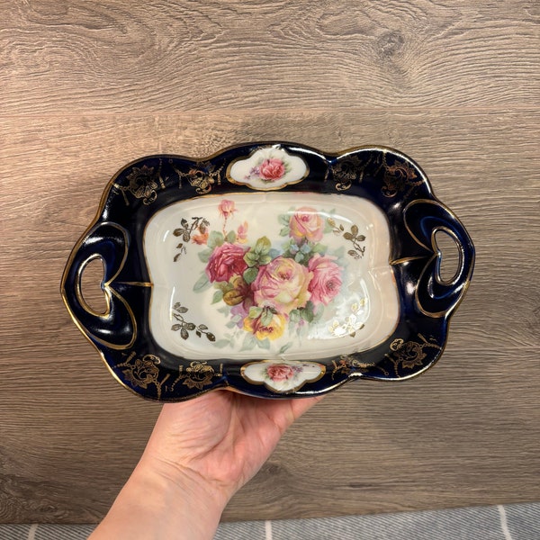 Vintage Cobalt Blue & Shabby Chic Pink Rose Gilded Rectangular Ornate Bowl with Integrated Heart Shaped Handles | Collector Rococo Tableware