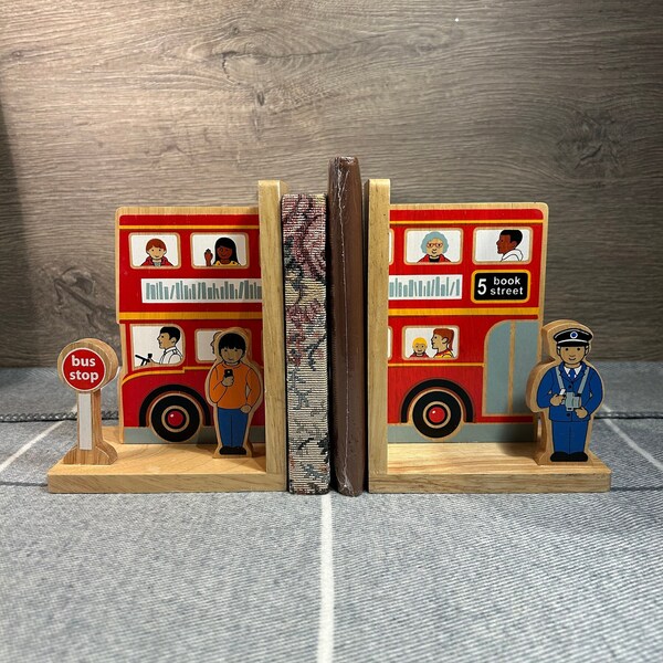 Preloved Red Bus Lanka Kade Bookends Child's Room Decor | London Double Decker Bus | Used Fairtrade Wooden Book Ends | Nursery Accessories