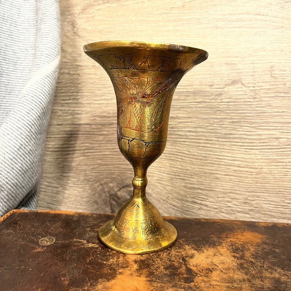 Vintage Antique Hand Crafted Indian Temple Black and Red Trumpet Flute Etched Solid Brass Goblet Chalice | Vase | Candle Holder