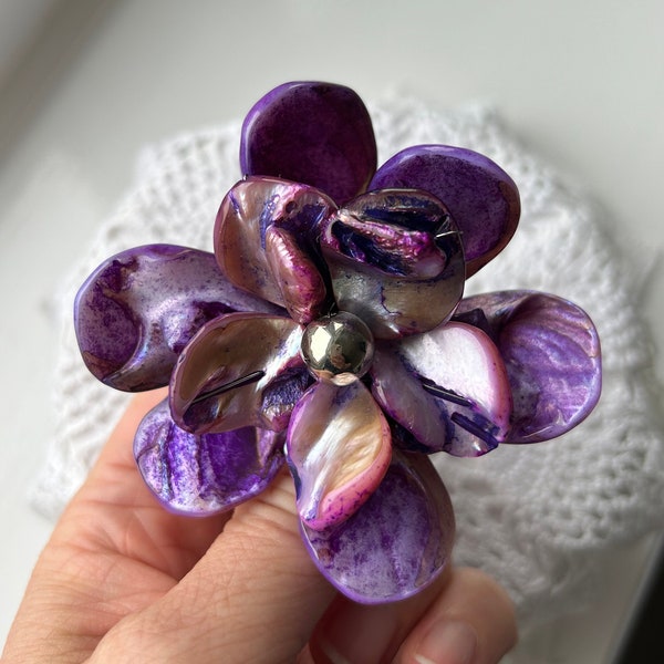 Vintage Hand Crafted Big Pearlescent Purple Bloom Silver Tone Brooch | Purple Rain Iridescent Floral Accessory | Handmade Costume Jewellery