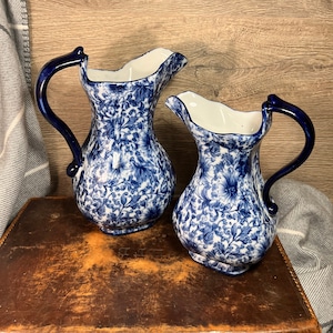 Vintage Ceramic Cobalt Blue and White Glazed Jug Pitcher Vase with Floral Detail- Set of 2