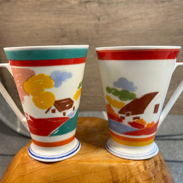 Vintage Mid Century Collectible Wren Giftware Fine Bone China Art Deco Design 'Home Sweet Home' Made in England Coffee Tea Cups- Set of 2