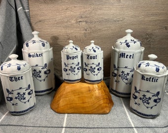 Vintage c1950 Mid Century Dutch 'TC' Porcelain Cobalt Blue and White Strawflower Kitchen Storage Lidded Glazed Container Jars- Set of 6