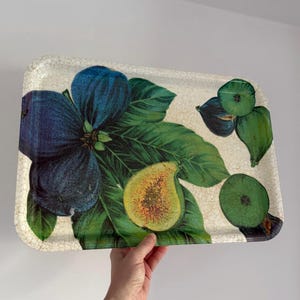 May include: Rectangular serving tray with a fig and floral design. The tray features a cream-colored background with a cracked finish. The fig design includes a large blue flower, green leaves, and ripe figs in shades of green, yellow, and purple.