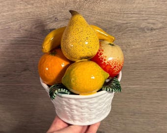 Vintage Made in Portugal Small Majolica Topiary Fruits Pyramid in White Faux Wicker Basket | 90s Mediterranean Fine Art Ceramics Kitchenalia
