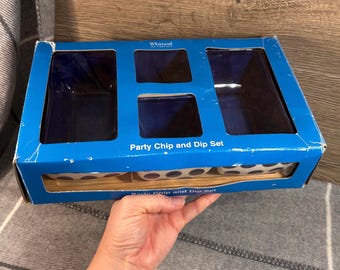 Vintage Whittard of Chelsea Blue and White Polka Dot Party Chip & Dip Bowl Set on Wooden Tray in Original Box | Nautical Coastal Kitchenalia