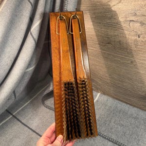 Vintage 1960s Foreign Wooden Wall Hanging Twin Clothes Brush Set | Gentleman&#39;s Retro Accessories | MCM Gent&#39;s Grooming Essentials | Man Cave