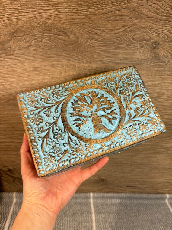 Vintage Hand Carved Wooden Rectangular Turquoise … - image 1