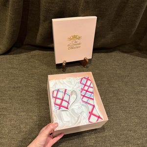 Vintage The Leonardo Collection Pink and Blue Checkered Tea Cup and Biscuit Plate Saucer Set in Original Box | Cuppa Tea & Cookie Gift Sets