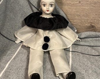 Vintage Porcelain Bisque Pierrot Teardrop Clown Stuffed Body Collectible Doll in Black and White Outfit