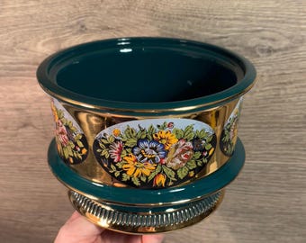 Vintage Florentine Hand Made in Italy Teal Blue Gilded Pedestal Round Planter | Maximalist Italian Home| Mediterranean Pottery Candle Holder