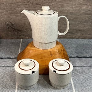 Vintage Mid Century Poole Pottery Robert Jefferson Compact Range Parkstone Teapot with Two Slotted Lid Jars | MCM English Retro Kitchenalia