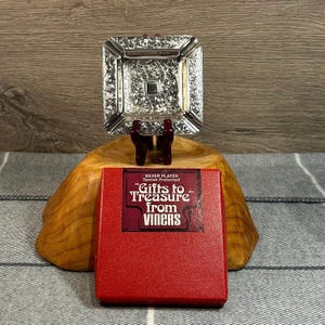 Vintage Viners Silver Plated Tarnish Protected Made in Japan Square Ornate Foliate Ashtray in Original Red Box | Collectible Tobacciana Art