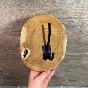Vintage Handmade Natural Wood Slab Black Metal Double Hook Coat Rack | Rustic Wall Mounted Wooden Hanger | Hallway & Entryway Hanging Hooks