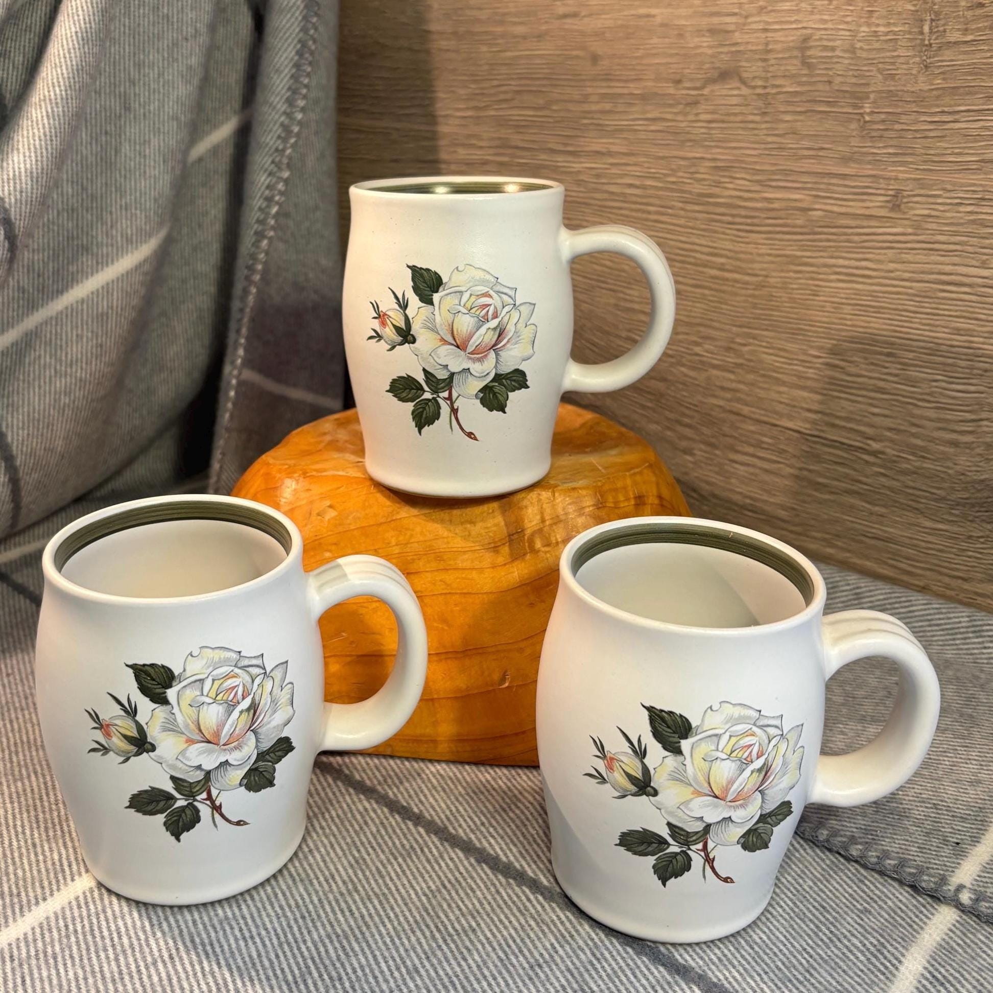Vintage Denby Stoneware White Rose Mugs Made in England- Set of 3 | English Garden Floral Kitchenalia | Morning Coffee and Cuppa Tea Brews