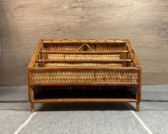 Vintage Mid Century Tan Colour Wicker Rattan and Bamboo Footed Letter Rack | 1960s Desk Tidy Office Organiser Stand | Boho Hippie Home Decor