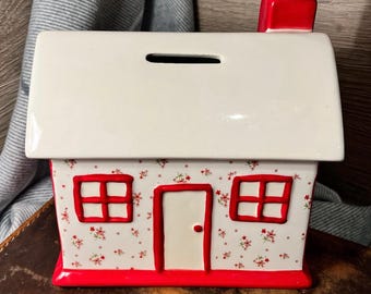 Retro Red and White Ceramic Pottery Money Box Piggy Bank in the Shape of a House Old Cottage with a Chimney