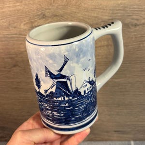 Vintage Delft Blauw Hand Painted Beer Tankard | Cobalt Blue White Stein | Traditional Holland Barware | Farmhouse, Windmill and Sailing Mug