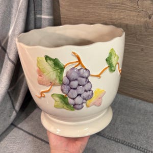 May include: A white ceramic planter with a grapevine design. The planter features a cluster of purple grapes, green leaves, and pink and yellow accents.