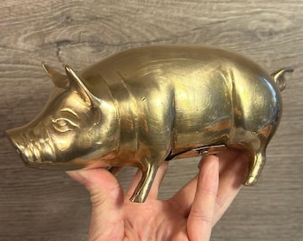 Vintage Mid Century Heavy Solid Brass Porker Pig Statue Piggy Bank | Coin Money Brass Box | Cash Savings Bank | MCM English Art Collectibles