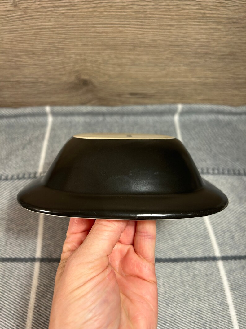 May include: A black ceramic bowl with a wide, flat rim. The bowl is held in a hand, showcasing its glossy finish and contrasting white interior. The bowl's design is simple and modern, suitable for serving various dishes.