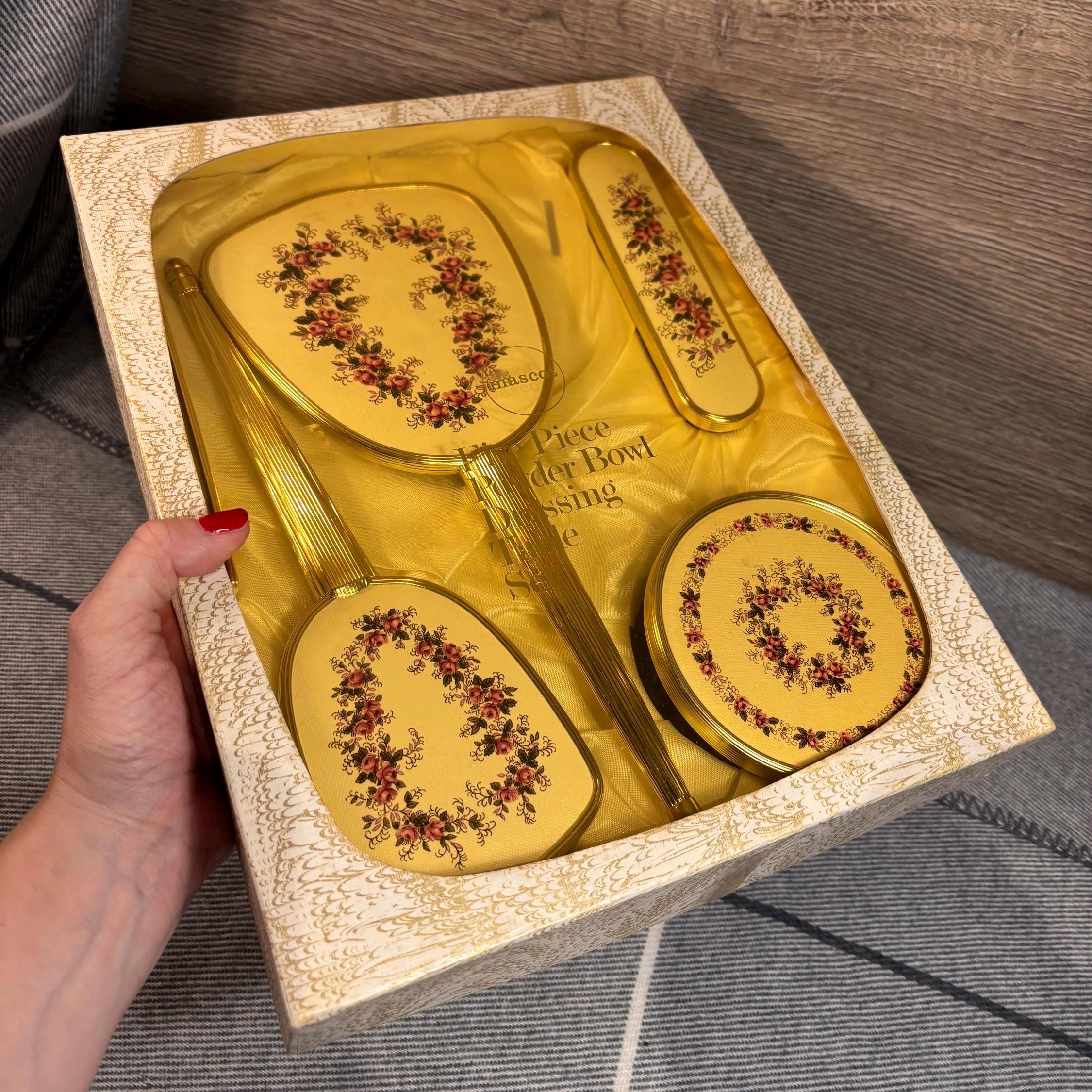 Vintage Mascot 5 Piece Vanity Collection in Original Box | MCM French Powder Bowl Dressing Table Set | Boudoir Retro Collectible Accessories