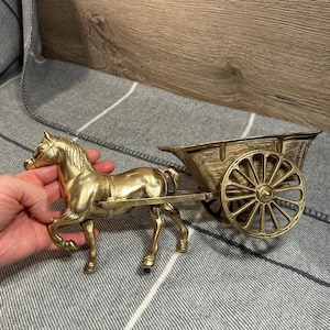 Vintage Solid Brass Horse Pulling Old Cart Sculptural Art Figurine Statue | Traditional English Ornament | Old Equestrian Home Collectibles