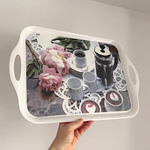 Vintage Kitsch Large Rectangular Plastic Tray with Integrated Handles | Cafetière & Pink Peonies Motif Girlie Serving Trays | Strong Coffees
