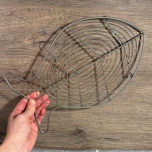 May include: A stainless steel fish-shaped kitchen strainer with a long handle. The strainer features a wire mesh design with concentric circles and straight lines. The handle is held by a person's hand.
