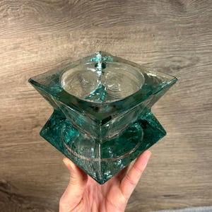 Preloved Vidrios San Miguel Recycled Green Glass Large & Heavy Illusionist Square Pedestal Candle Holder | Spanish Mediterranean Home Decor