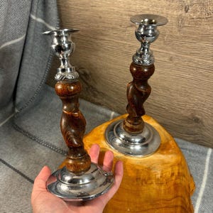Vintage Barley Twist English Oak and Silver Tone Chrome Candlesticks | Rustic Candle Holders | Antique Home Decor | Old English Collectibles