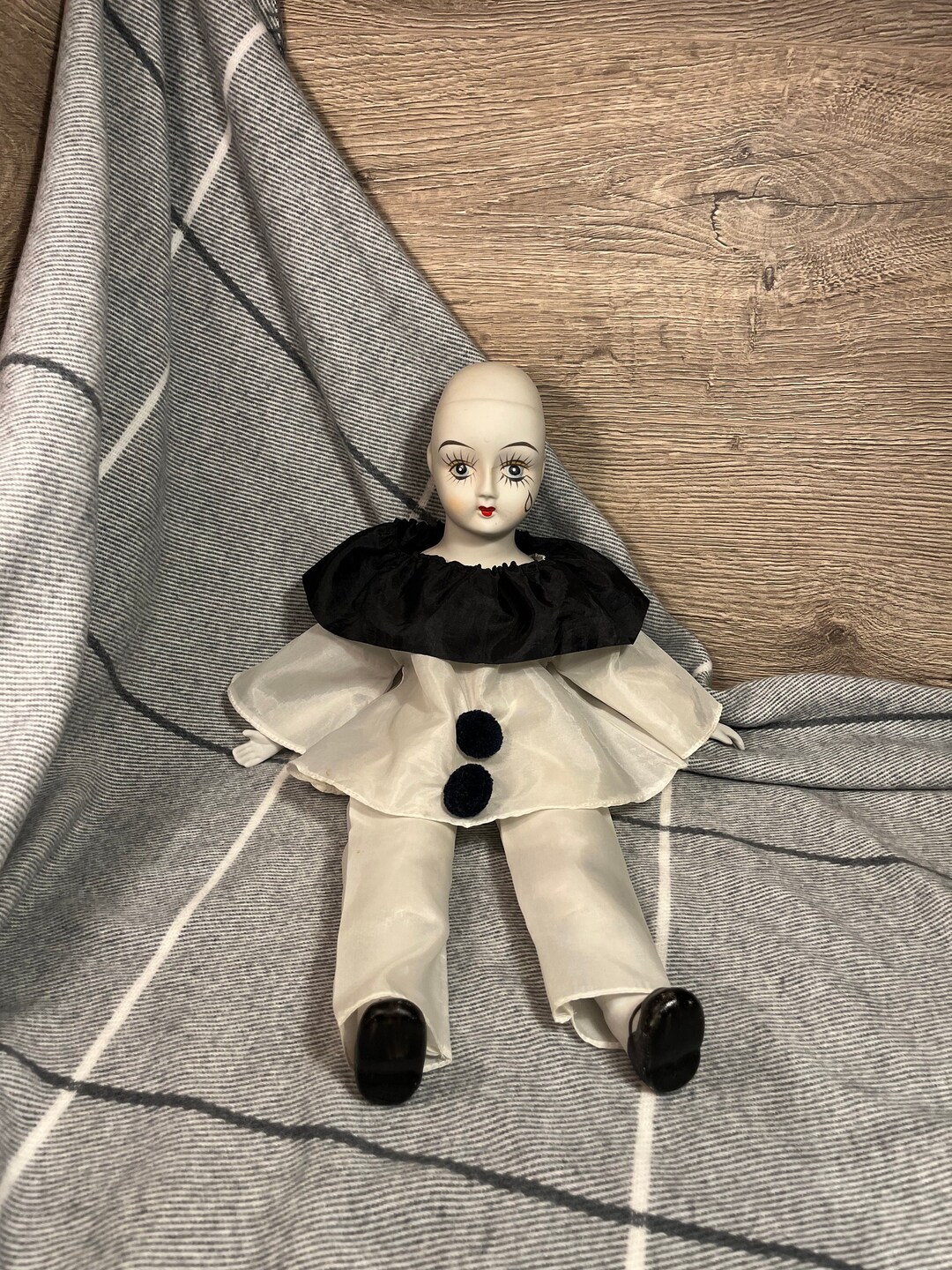 Vintage Porcelain Bisque Pierrot Teardrop Clown Stuffed Body