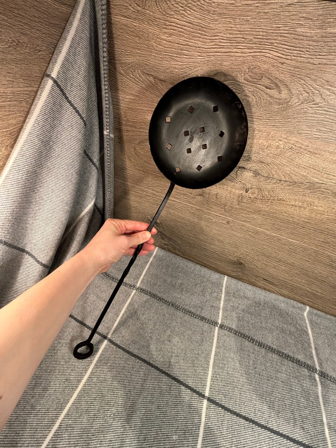 Vintage Black Solid Wrought Cast Iron Chestnut Roasting Pan Decorative