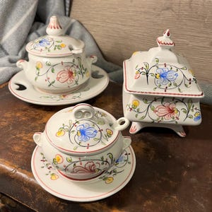 Vintage Hand Painted Anfora Agueda Portugal Pottery Condiment Pot | Covered Dish | Mustard or Mint Sauce Pot | Portuguese Porcelain