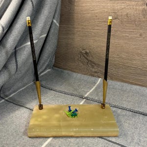 Vintage Green Onyx Block Desk Tidy Pen Holder | MCM Desktop Accessories | Heavy Stone Rock Pen Holder | Retro Gent&#39;s Study and Office Decor
