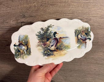 Vintage H. Arndt Duck Mallard Motif Brockton Manor English Bone China Staffordshire Scalloped Platter | Ducks, Geese & Waterfowl Home Decor