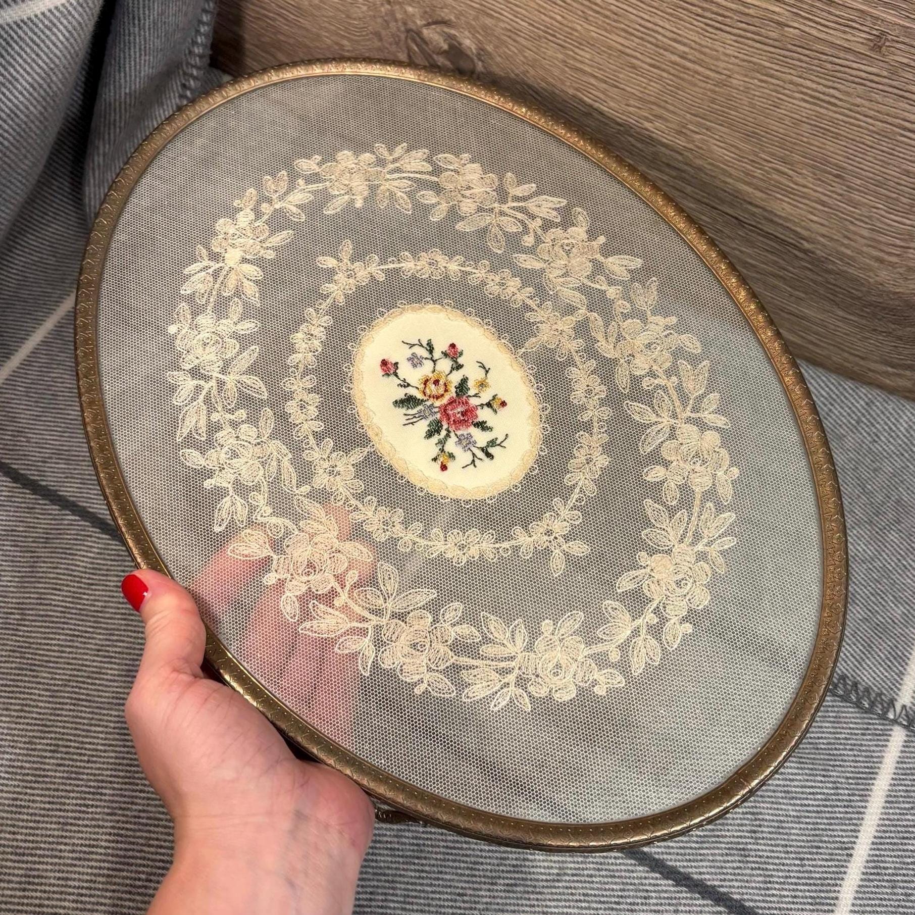 Vintage Petit Point Boudoir Dressing Table Large Oval Footed Glass & Lace Vanity Tray | Feminine Delicate Decorative Accessory Collectibles