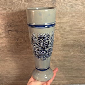 Vintage- Chipped- Bayern Gerzit Simon Peter Gerz W Germany Blue & Grey Crested 0.5l Stoneware Handleless Beer Stein Mug | MCM German Barware