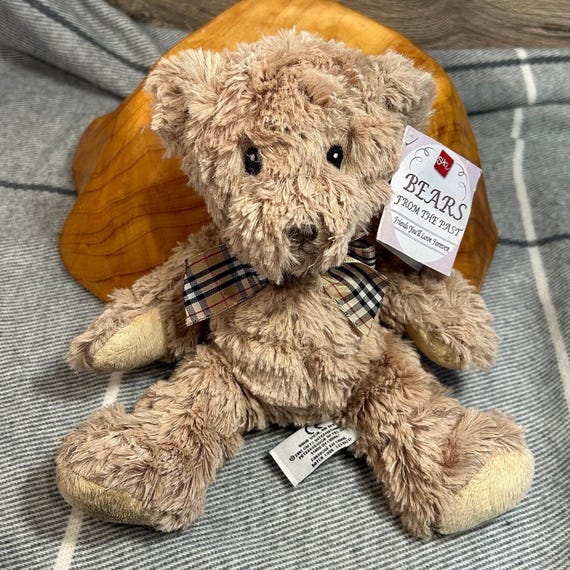 DOUDOU PELUCHE VINTAGE OURS GRELOT NOUNOURS BLANC/CARREAUX BLEUS TTBE