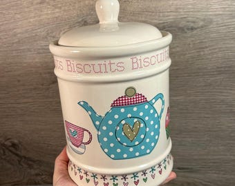 Vintage Whimsical Round Tall Lidded Little Heart Biscuits and Cookie Jar with Teapot & Muffin Motif | Kitchen Storage | Kitchenalia Canister