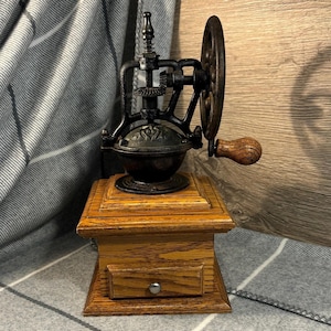 Vintage Wooden & Black Cast Iron Single Mill Wheel and Drawer Manual Hand Crank Coffee Bean Grinder| Old Retro Milling Kitchenalia Mechanism